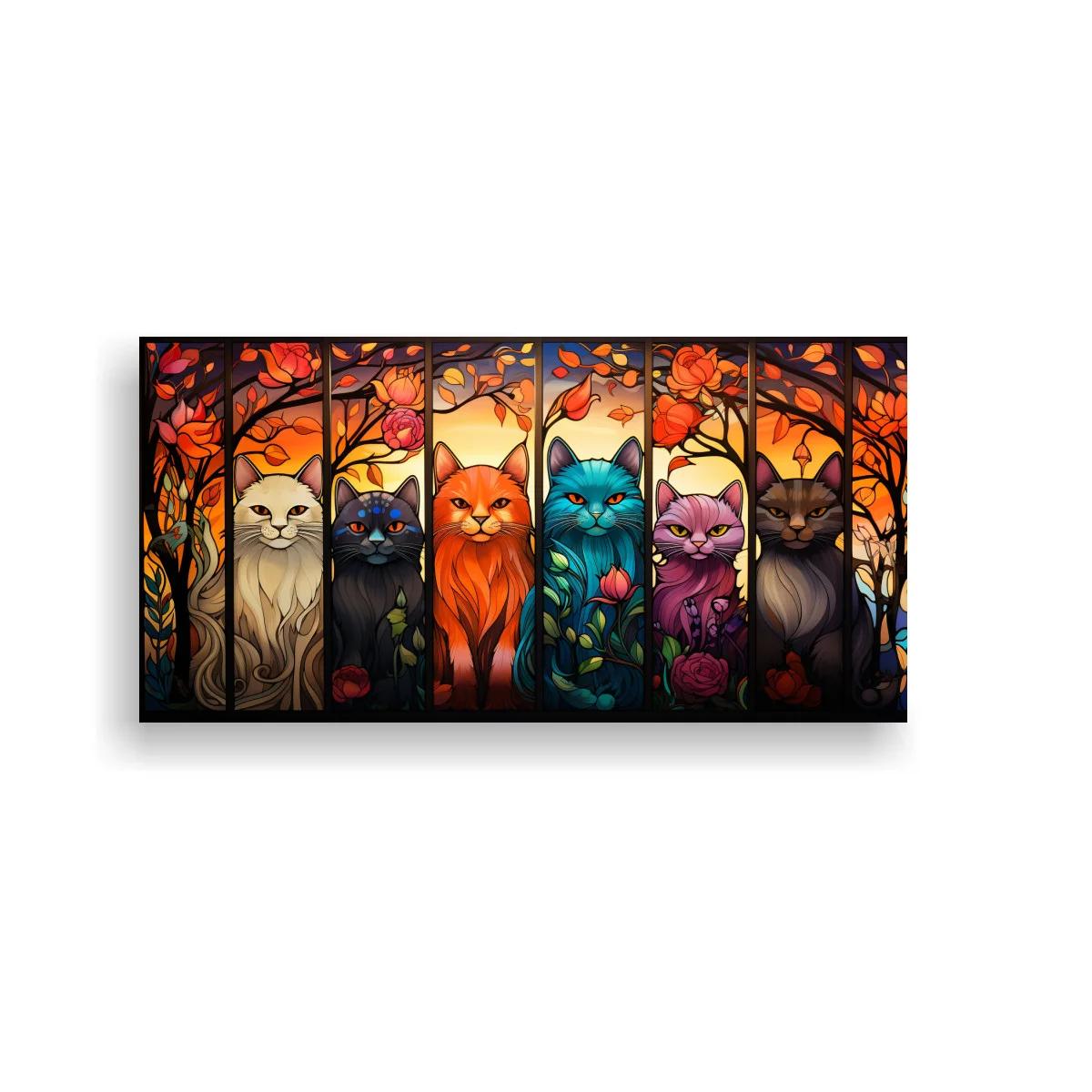Cuadro seis gatos entre ramas con efecto de paneles tipo vitral — imagen principal