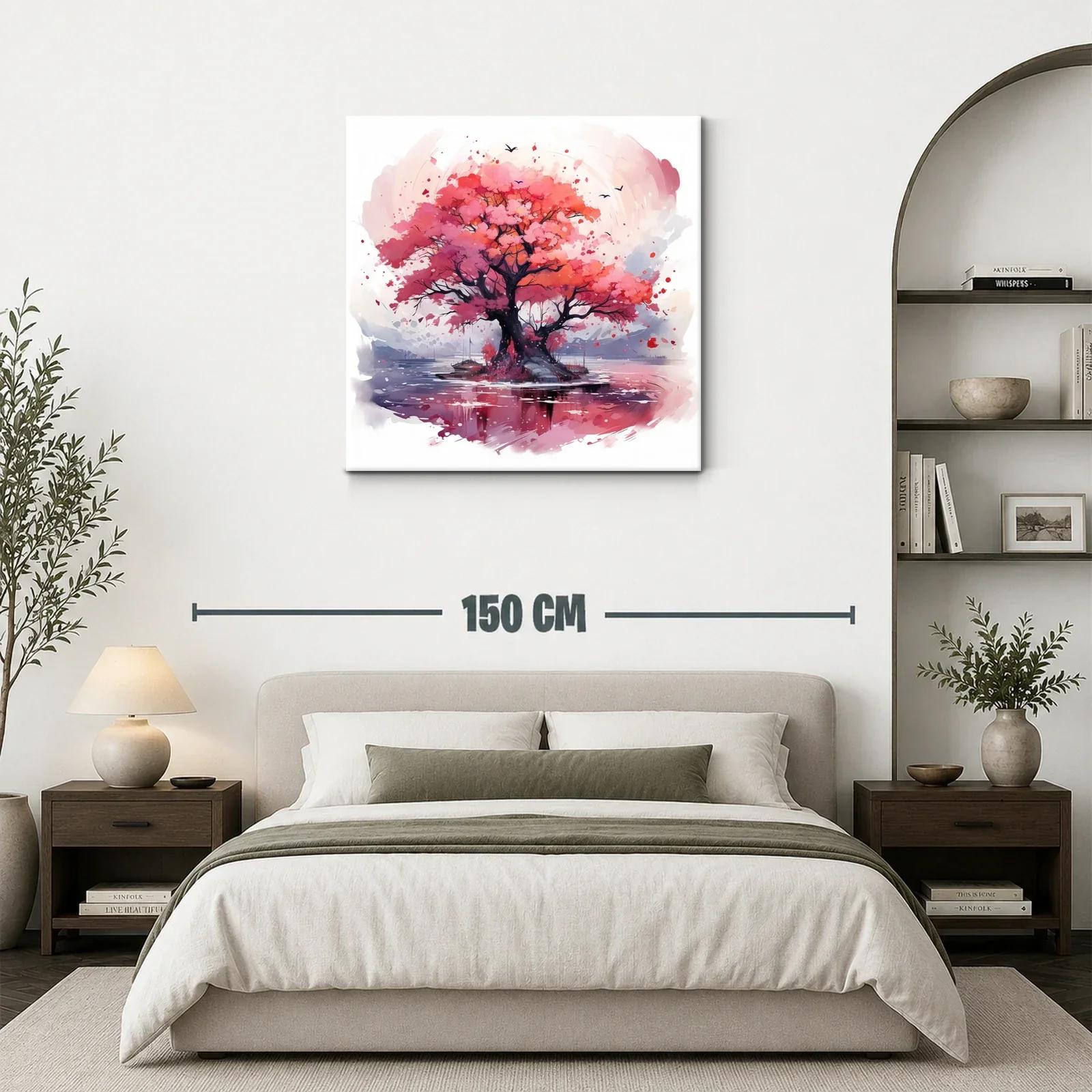 Árbol en tonos rosas y rojos sobre lago sereno — miniatura 3