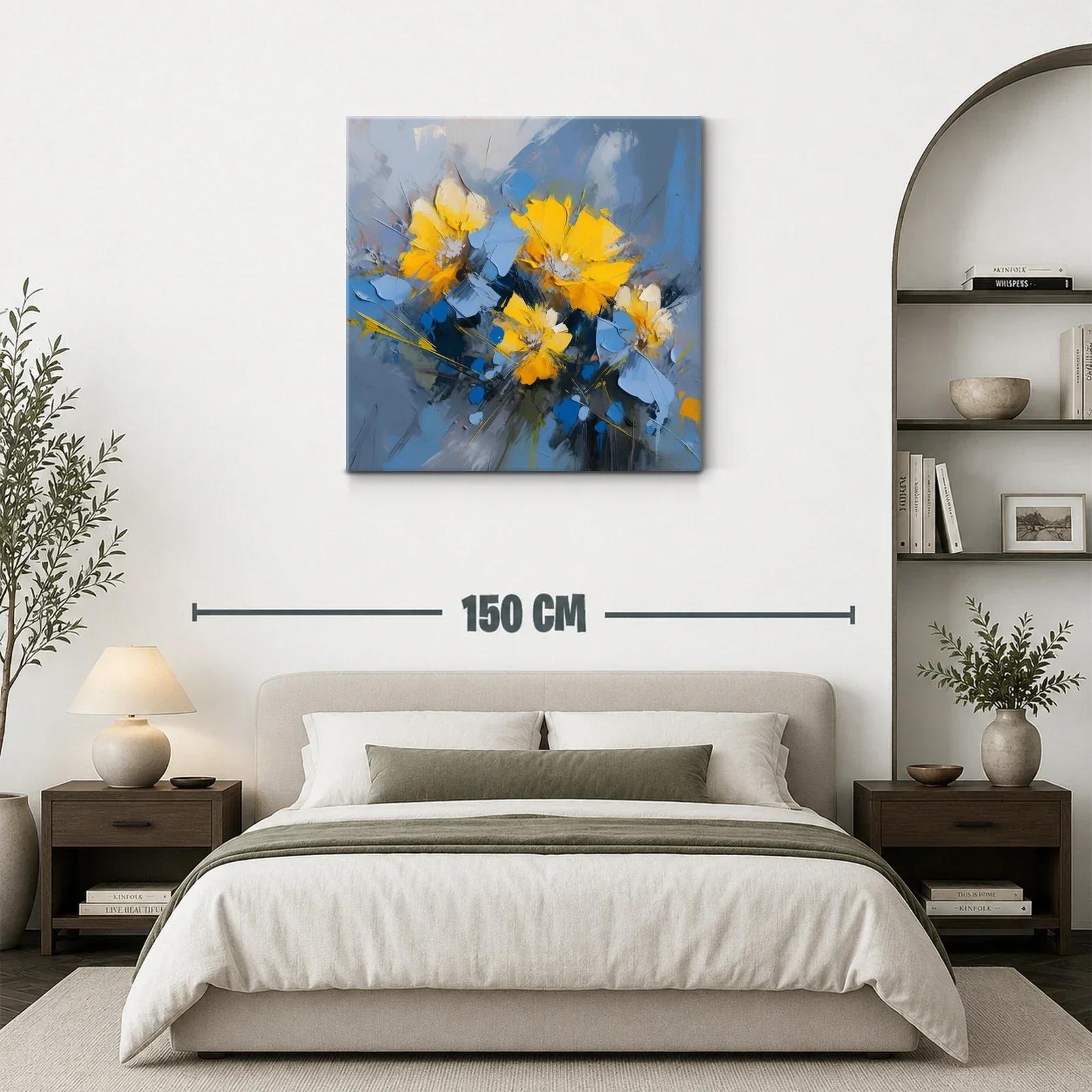 Cuadro floral abstracto con vibrantes tonos azules y amarillos — miniatura 3