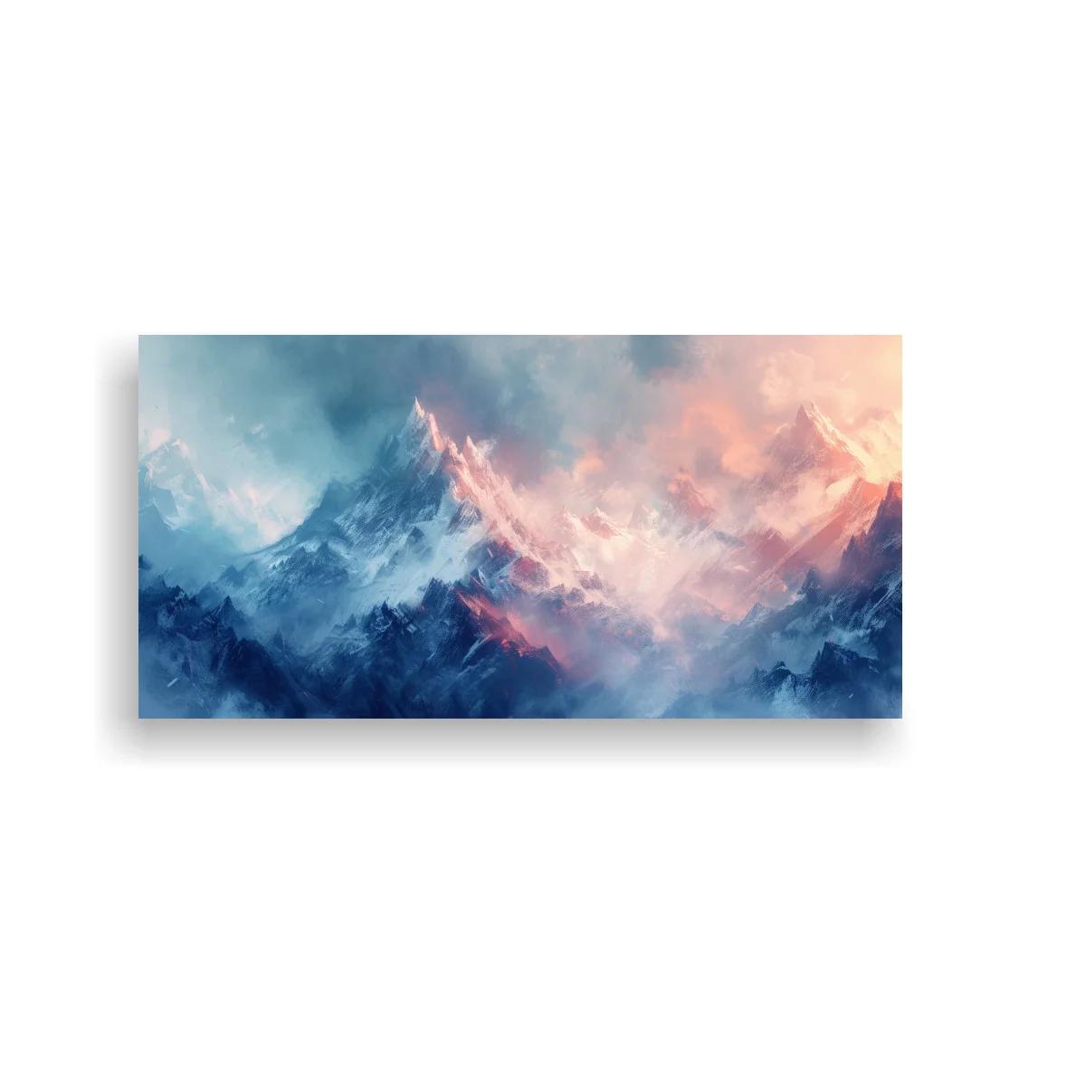 Cuadro cordillera de montañas con luz rosada y nubes densas