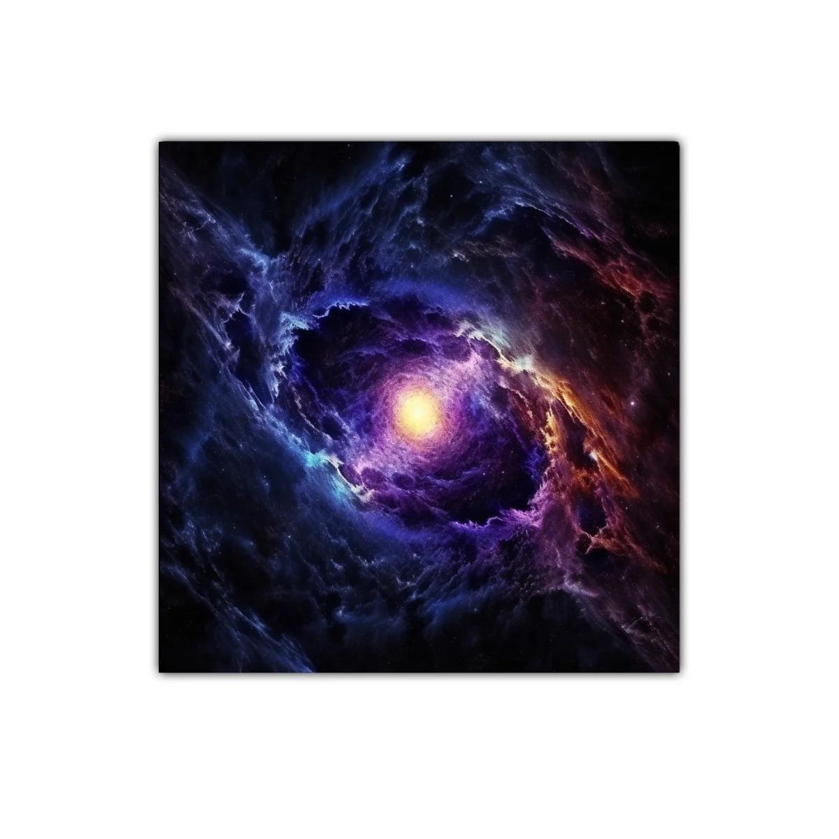 Espiral cósmica con luz central brillante en tonos azules y morados — imagen principal