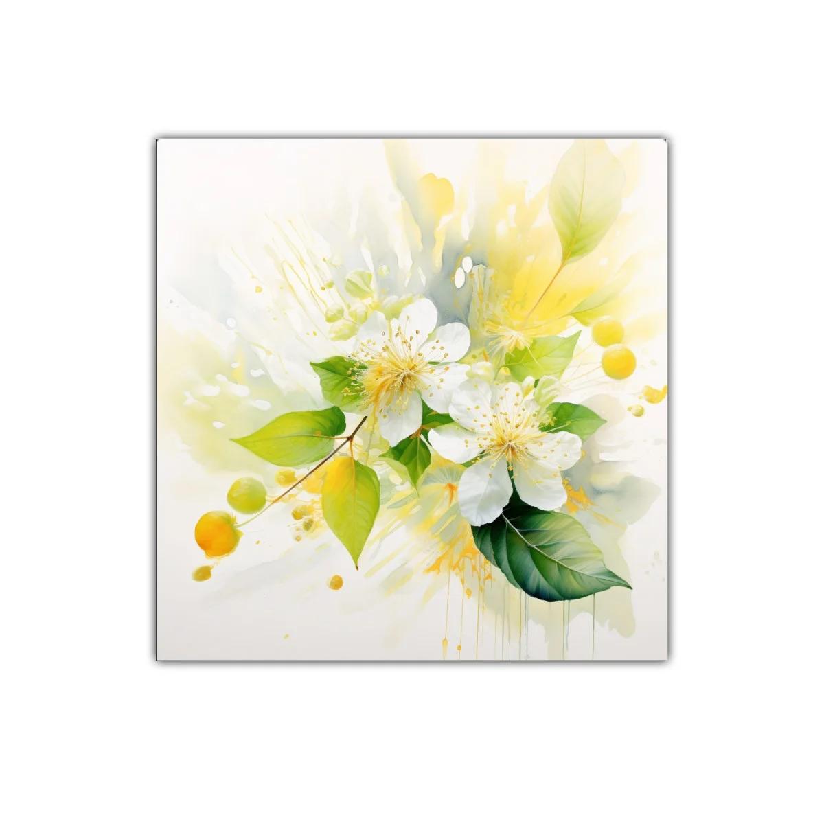 Flores blancas y hojas verdes con toques amarillos vibrantes