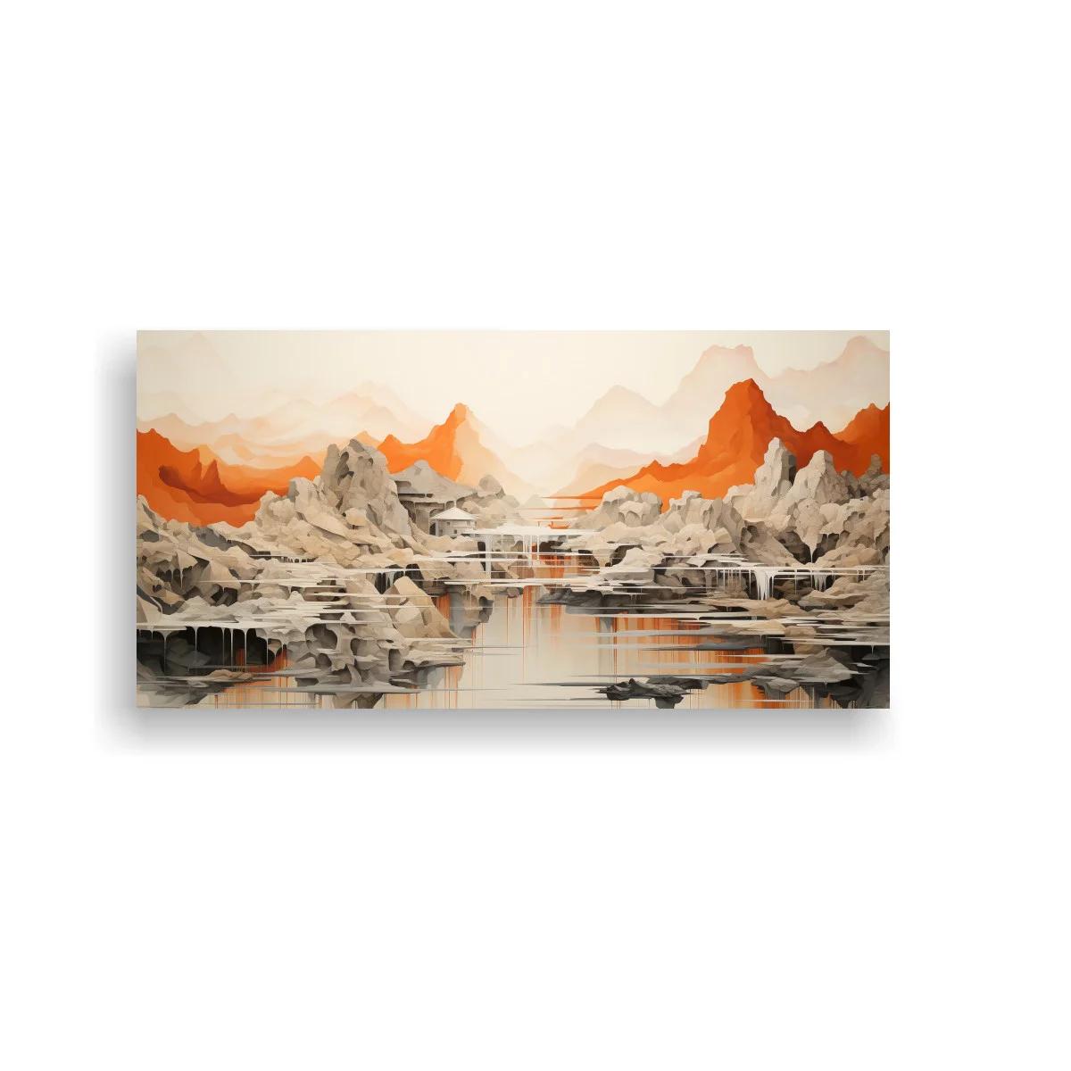 Cuadro paisaje montañoso con lago y rocas estratificadas — imagen principal