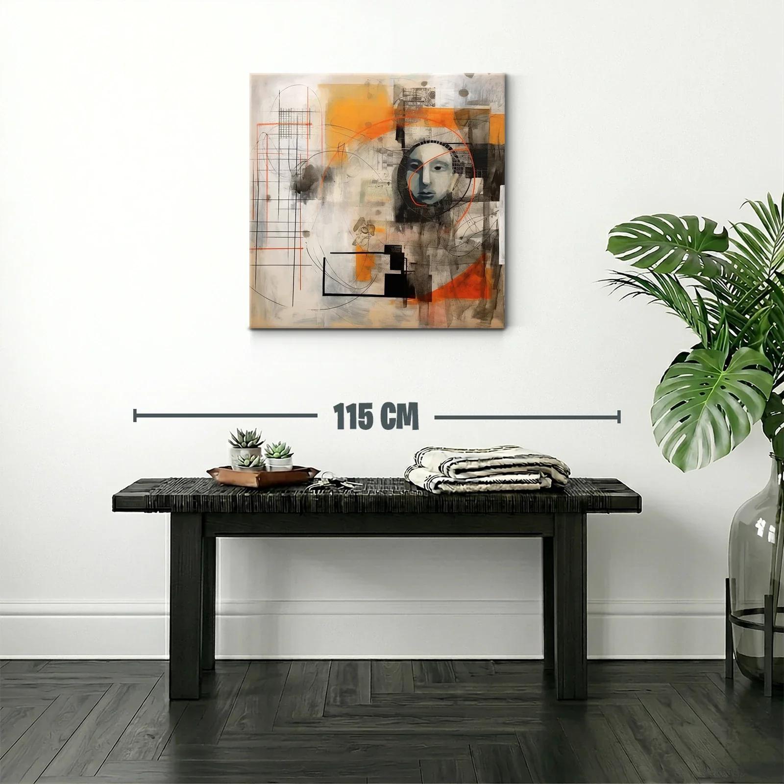 Cuadro abstracto con rostro y formas geométricas naranja y negro — miniatura 2