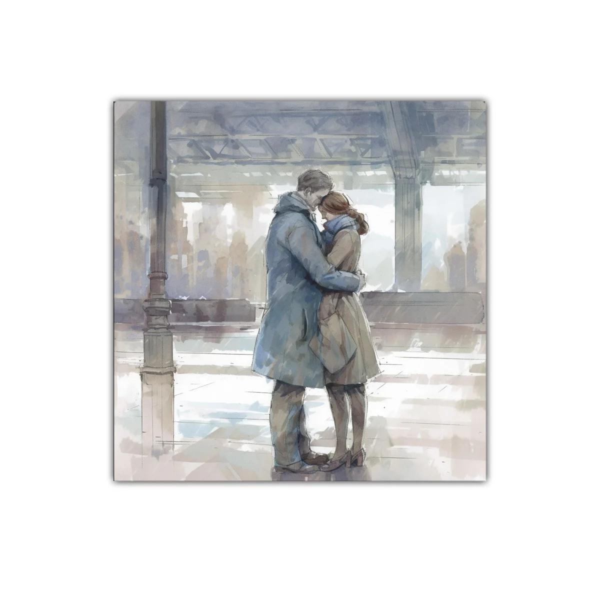 Abrazo íntimo en estación con tonos suaves — imagen principal