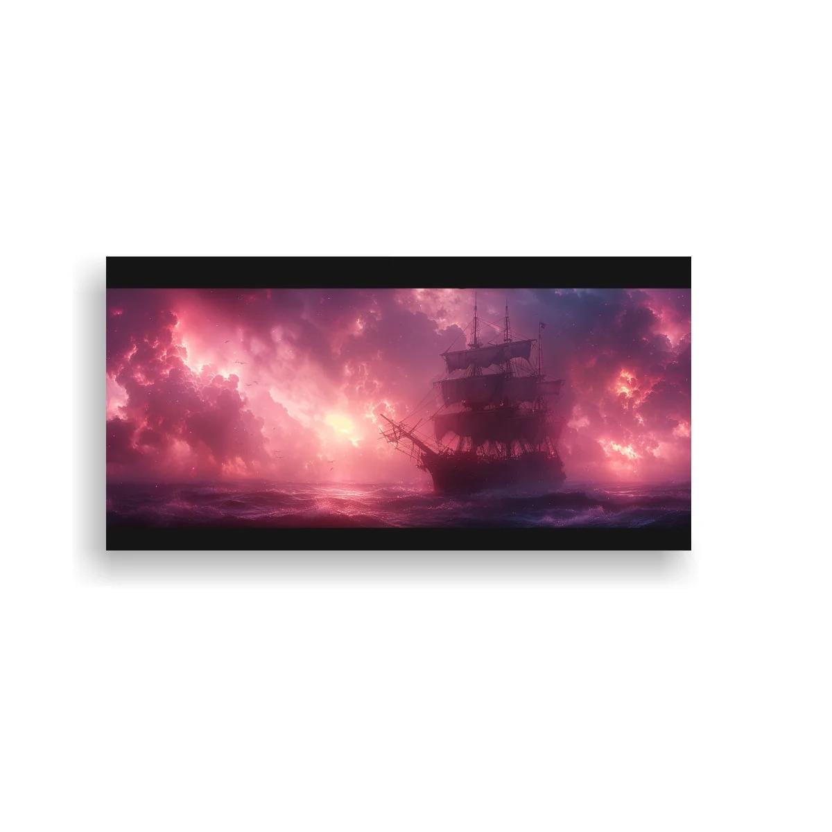 Cuadro barco velero fantasma con cielo rosado y violeta