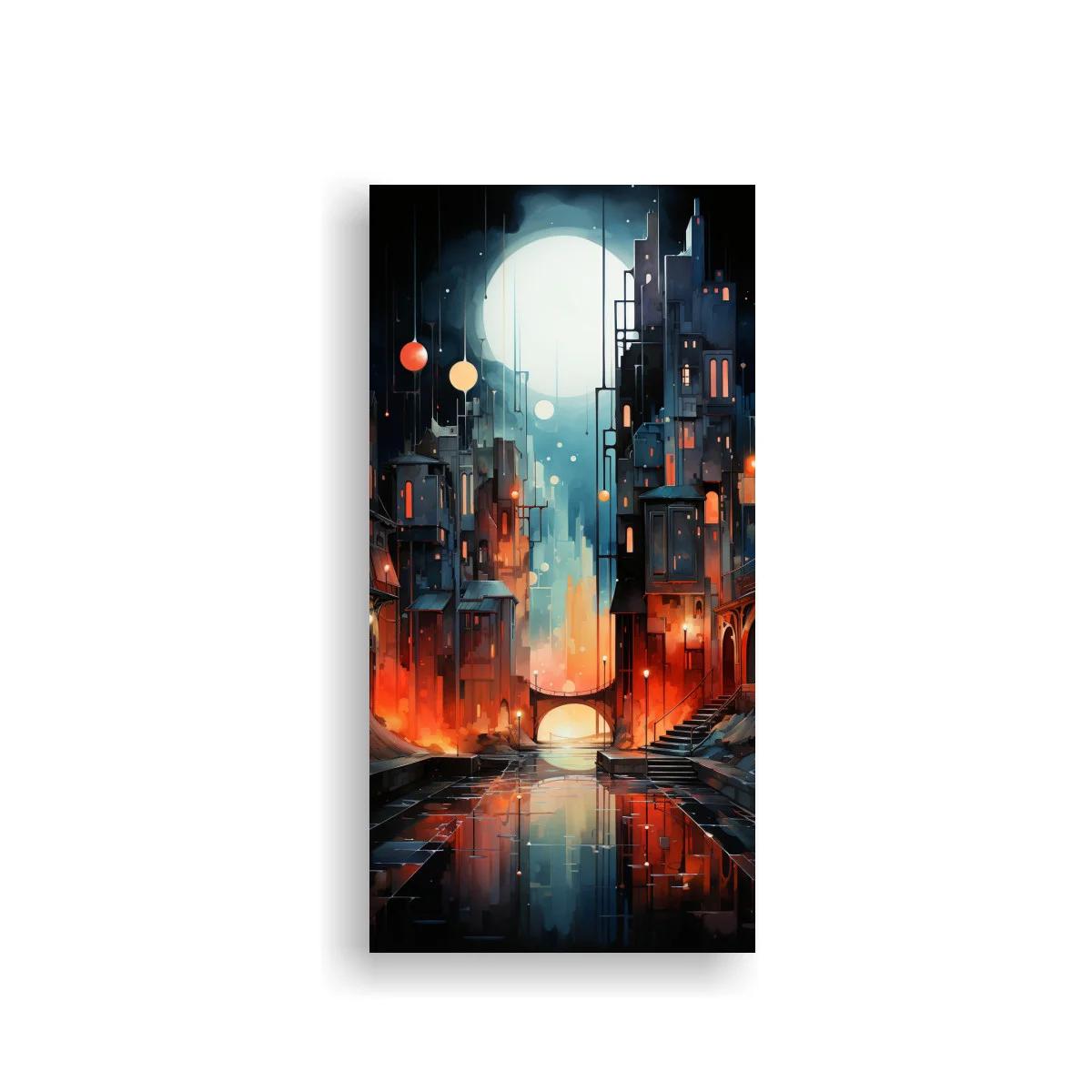 Cuadro ciudad nocturna con luna llena y canal iluminado — imagen principal