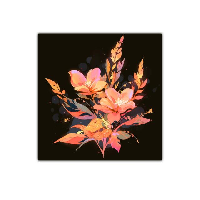 Composición floral vibrante con tonos cálidos sobre fondo oscuro