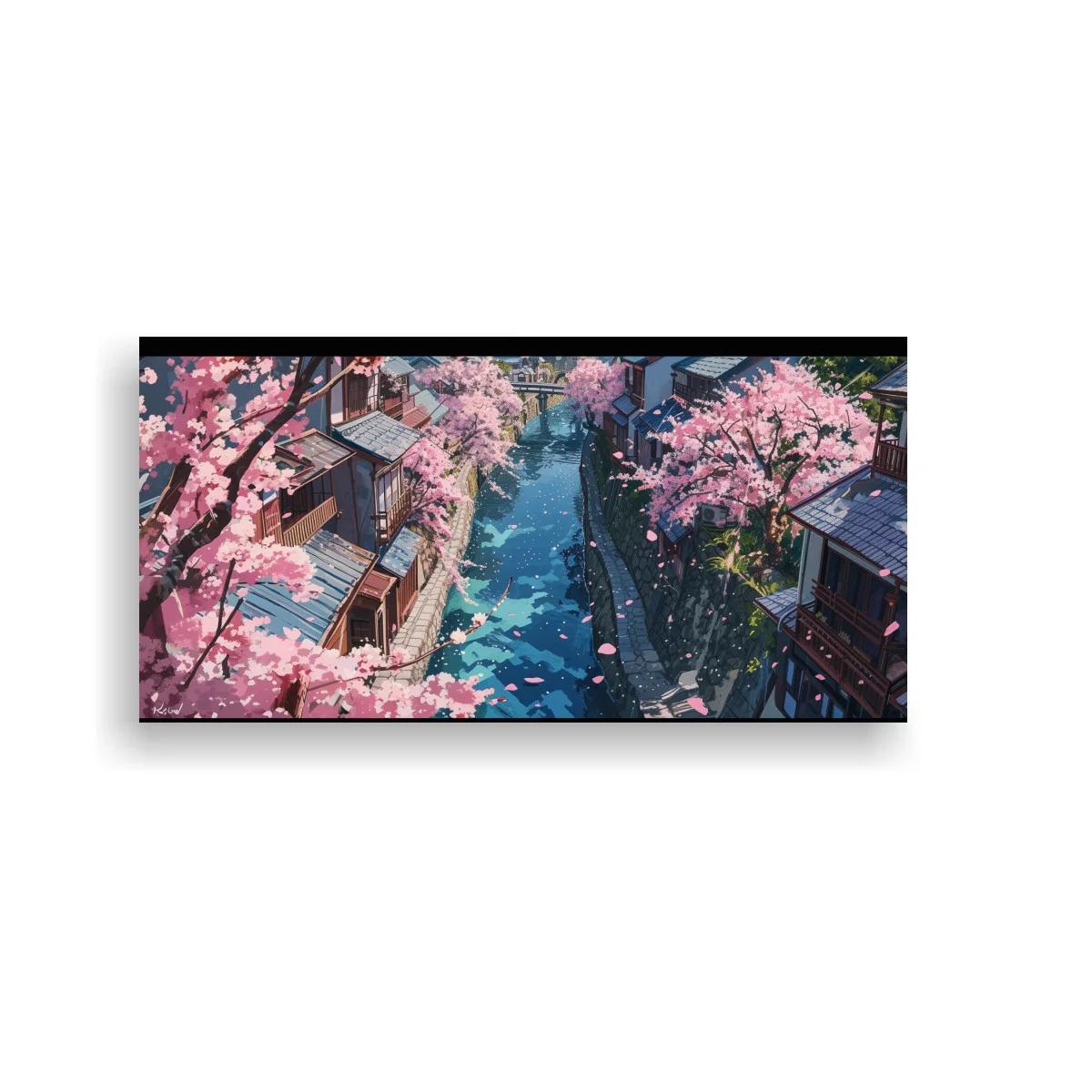 Cuadro canal urbano con cerezos en flor en formato panorámico