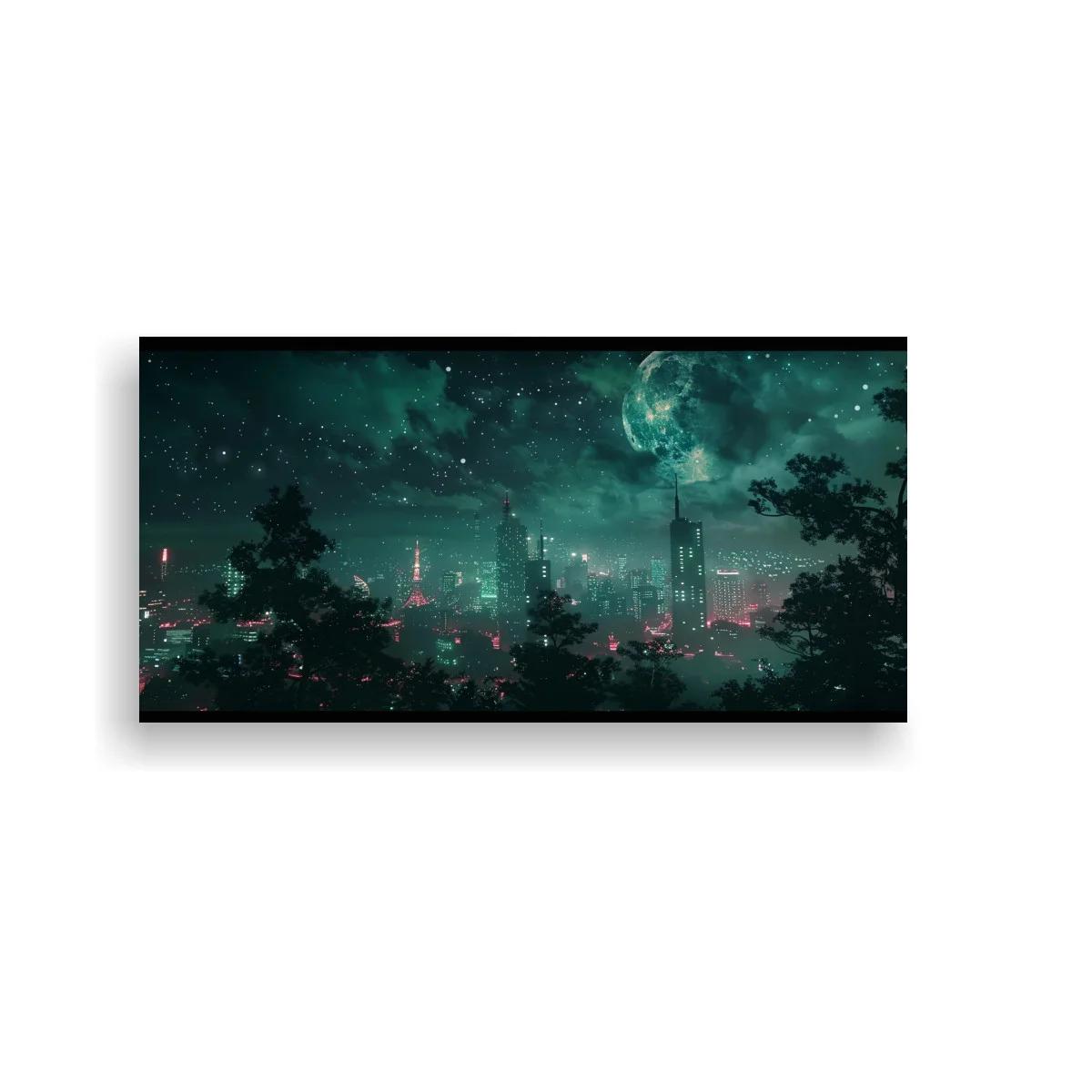 Cuadro ciudad futurista nocturna con cielo brumoso