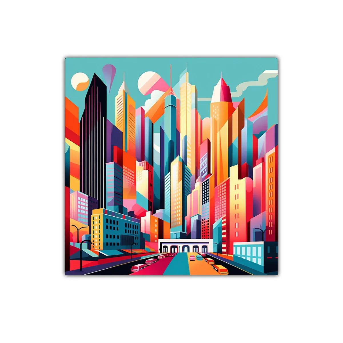 Ciudad vibrante con rascacielos coloridos en perspectiva urbana — imagen principal