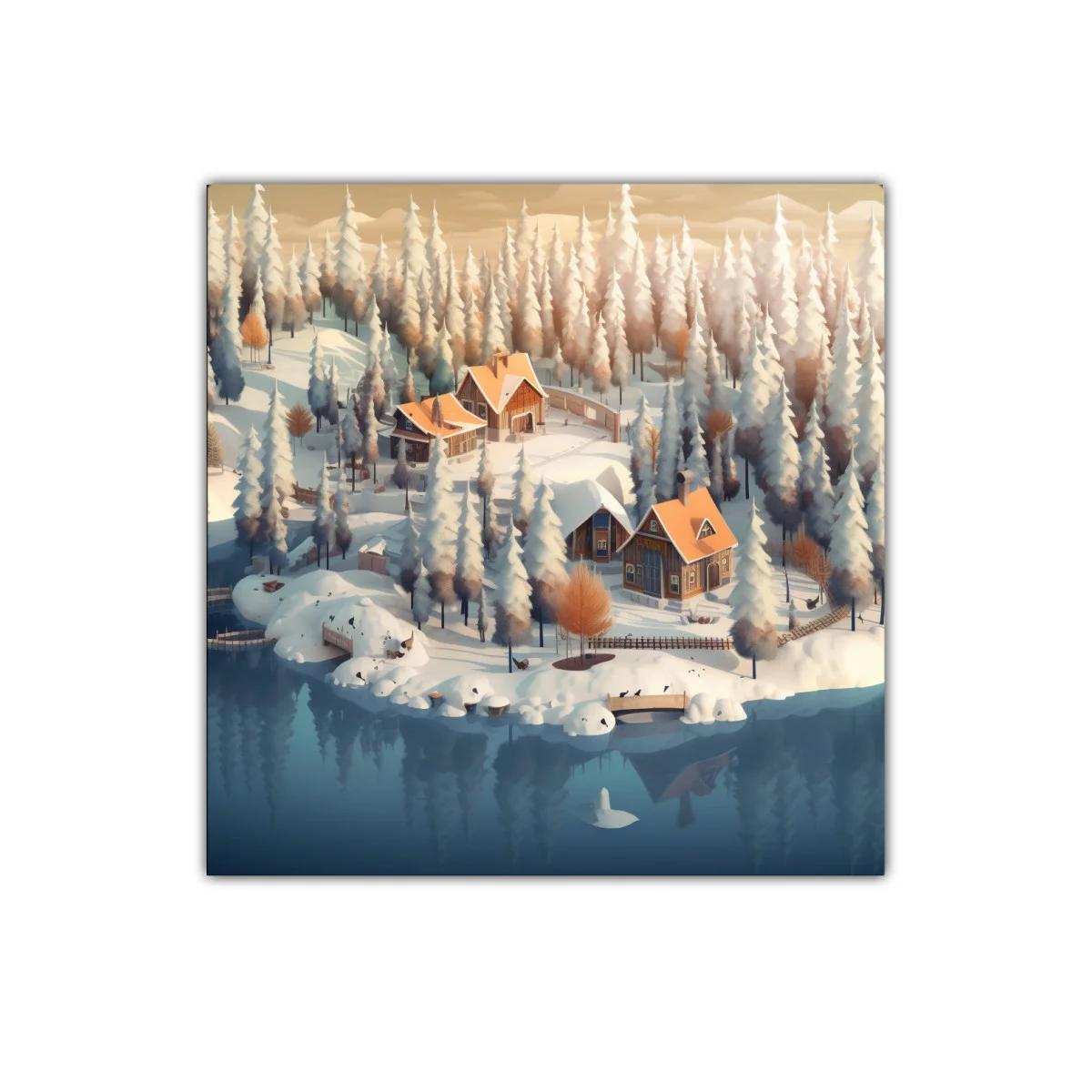 Paisaje invernal con casas acogedoras junto al lago — imagen principal