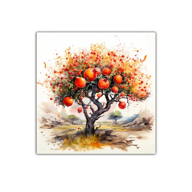 Árbol frutal con granadas en tonos cálidos y vibrantes