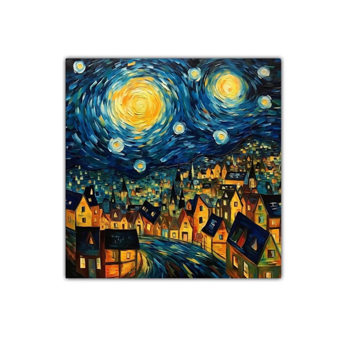 Pueblo nocturno bajo un cielo estrellado vibrante y dinámico