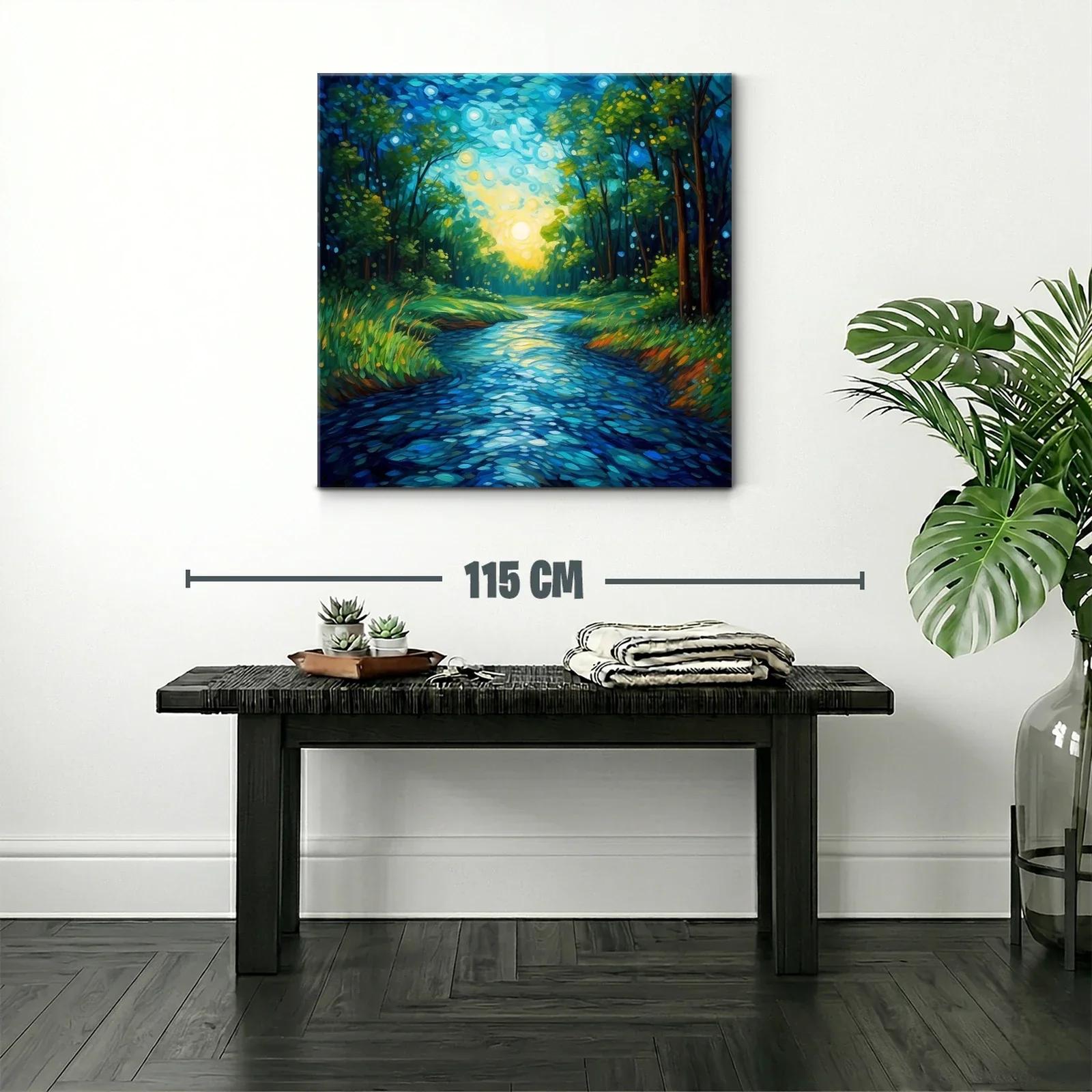 Bosque iluminado al amanecer reflejado en el río — miniatura 2