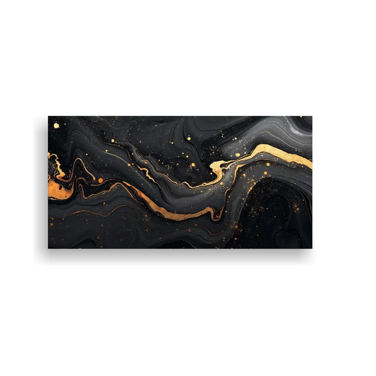 Cuadro abstracción fluida en negro y dorado con vetas onduladas