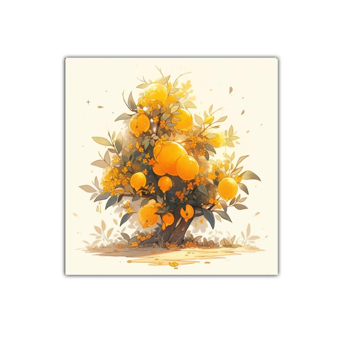Cuadro decorativo con árbol de frutos dorados y flores