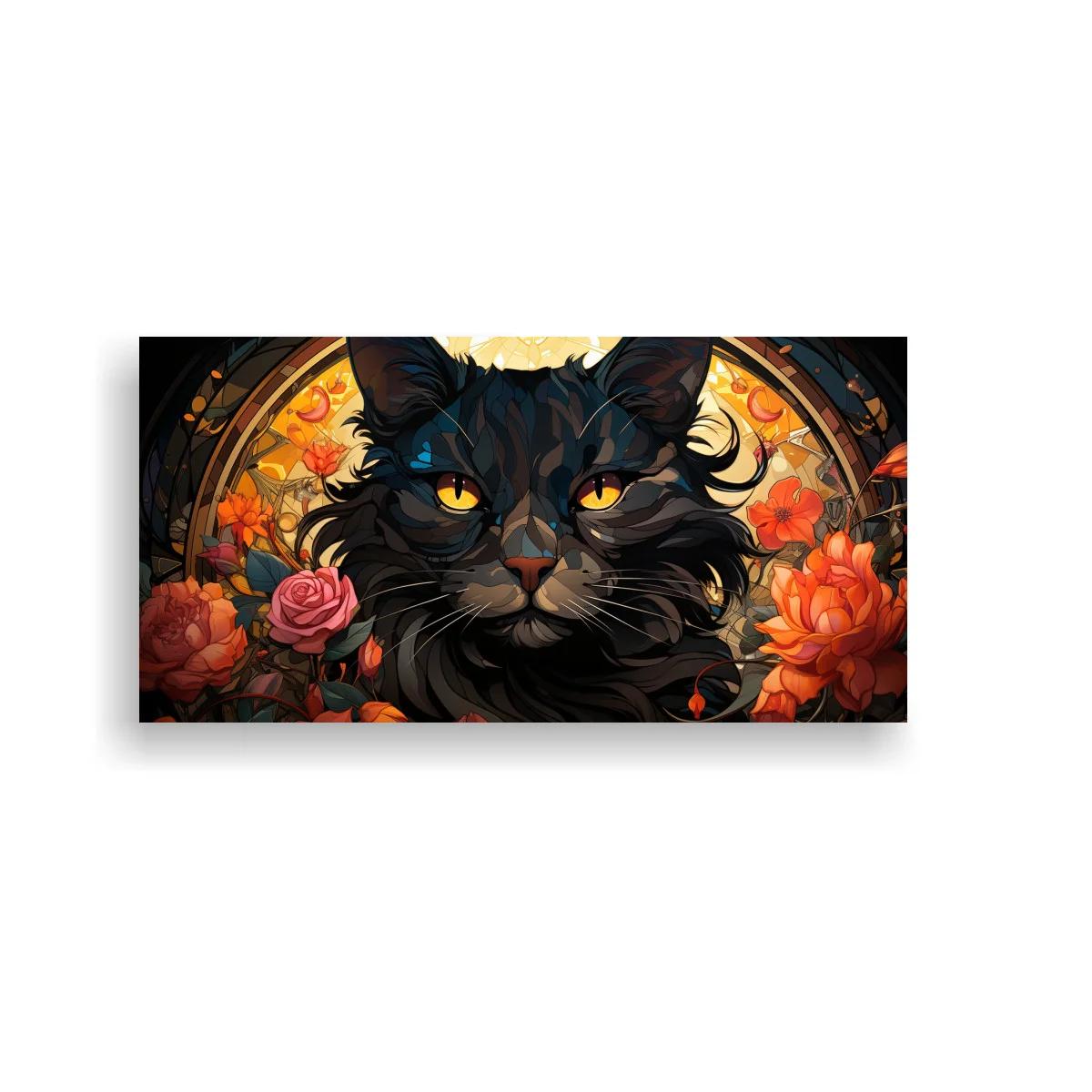 Cuadro gato negro de ojos dorados con flores y aro circular