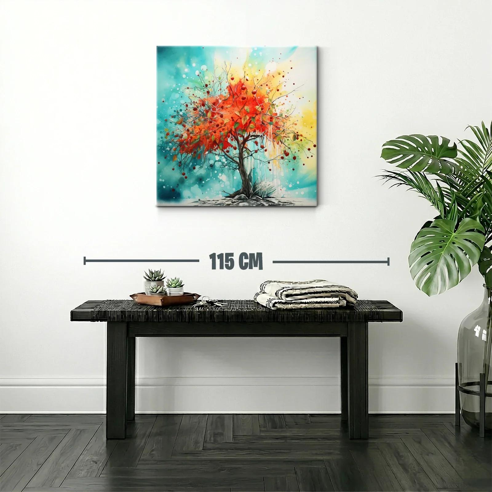 Árbol vibrante con hojas rojas en fondo azul y amarillo — miniatura 2