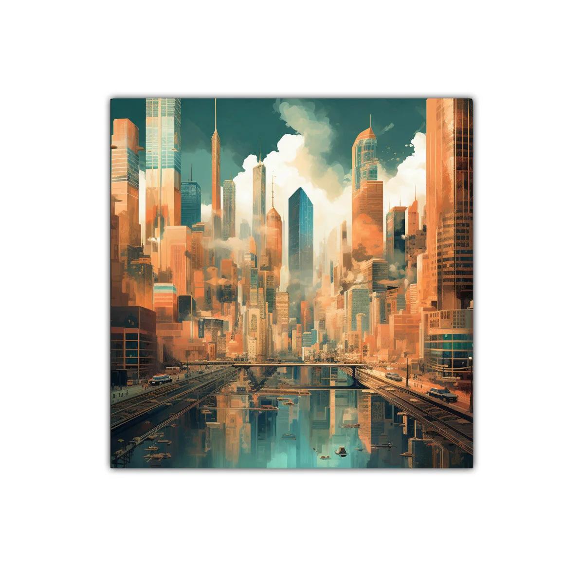 Paisaje urbano futurista con reflejos en el agua — imagen principal