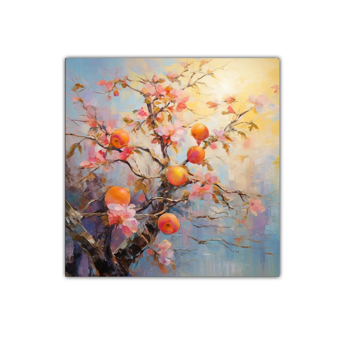 Cuadro decorativo con ramas de flor y fruta en tonos pastel