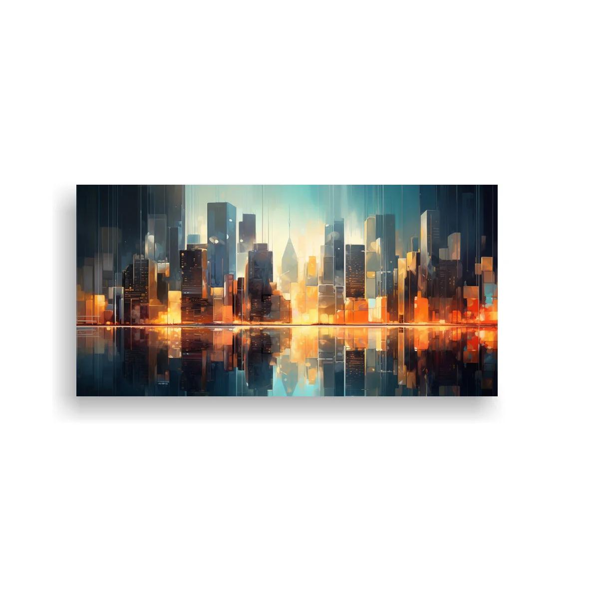 Cuadro skyline urbano abstracto con franja luminosa y reflejo
