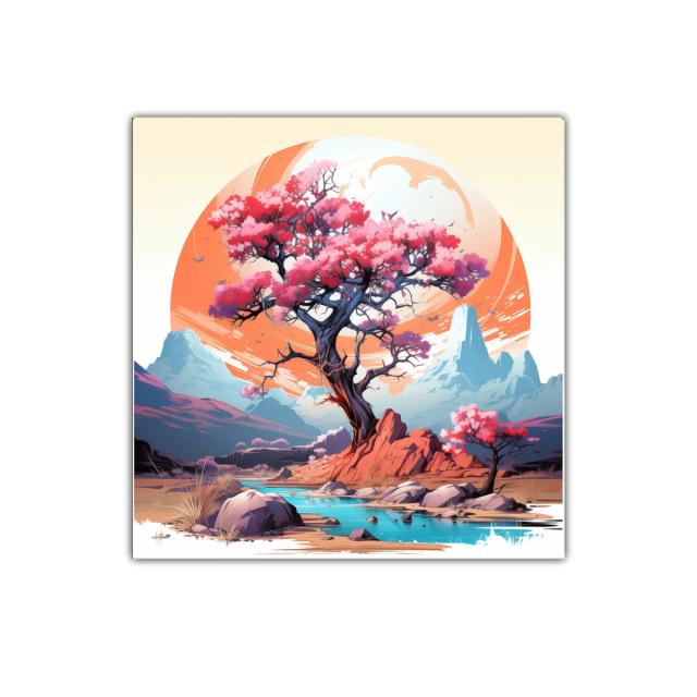 Árbol rosa en paisaje de montaña con río sereno