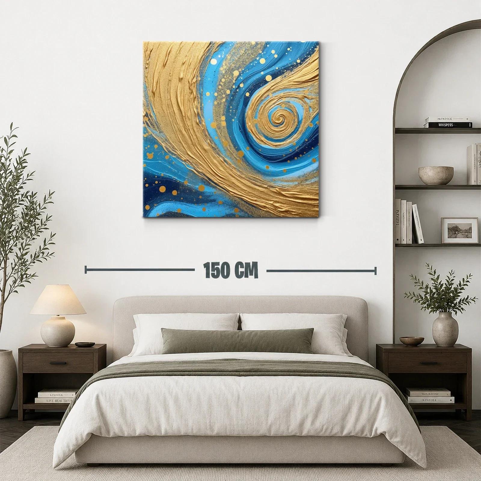 Cuadro abstracto con remolinos dorados y tonos azules — miniatura 3
