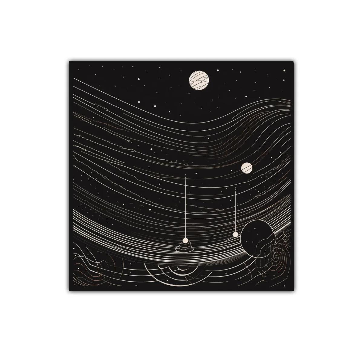 Cuadro abstracto cósmico con ondas y planetas minimalistas