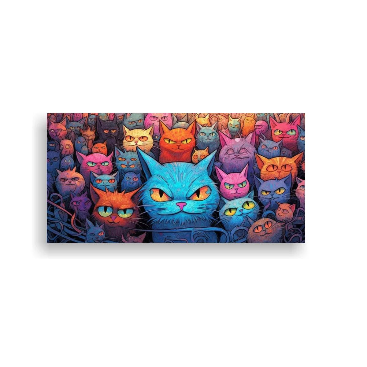 Cuadro grupo de gatos de colores con un gato turquesa