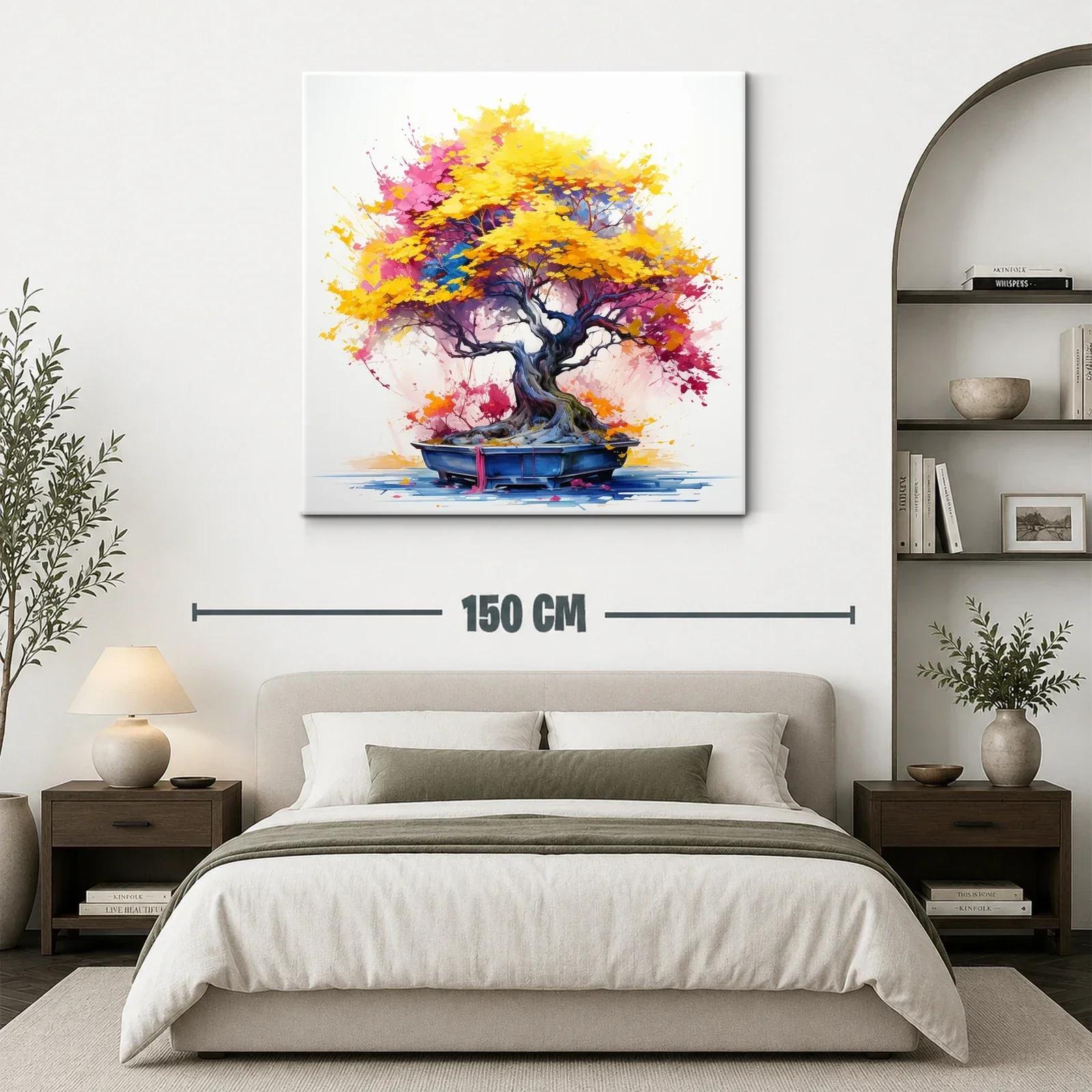Árbol de bonsái con vibrantes hojas otoñales en amarillo y rosa — miniatura 3