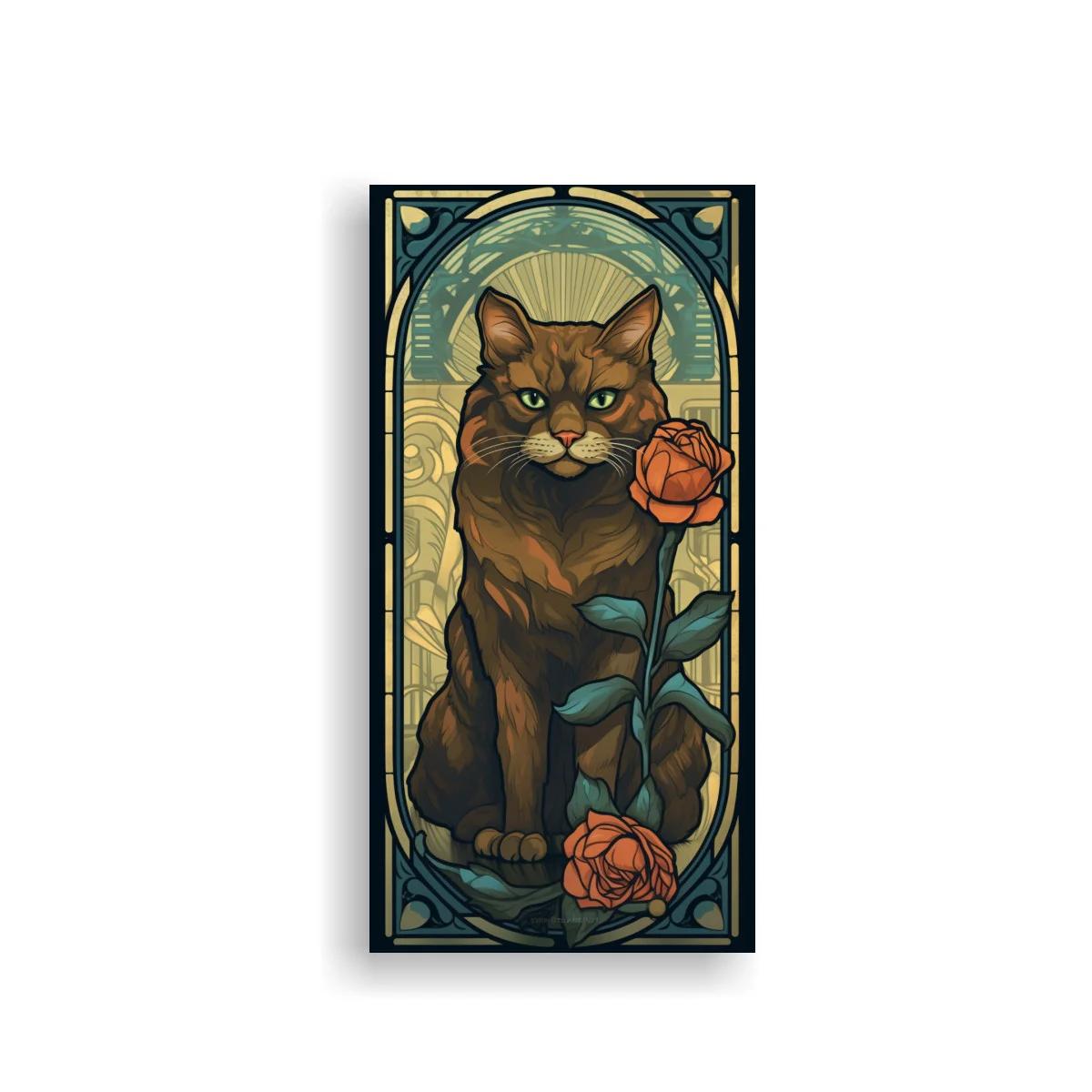 Cuadro gato marrón con rosas y marco art nouveau