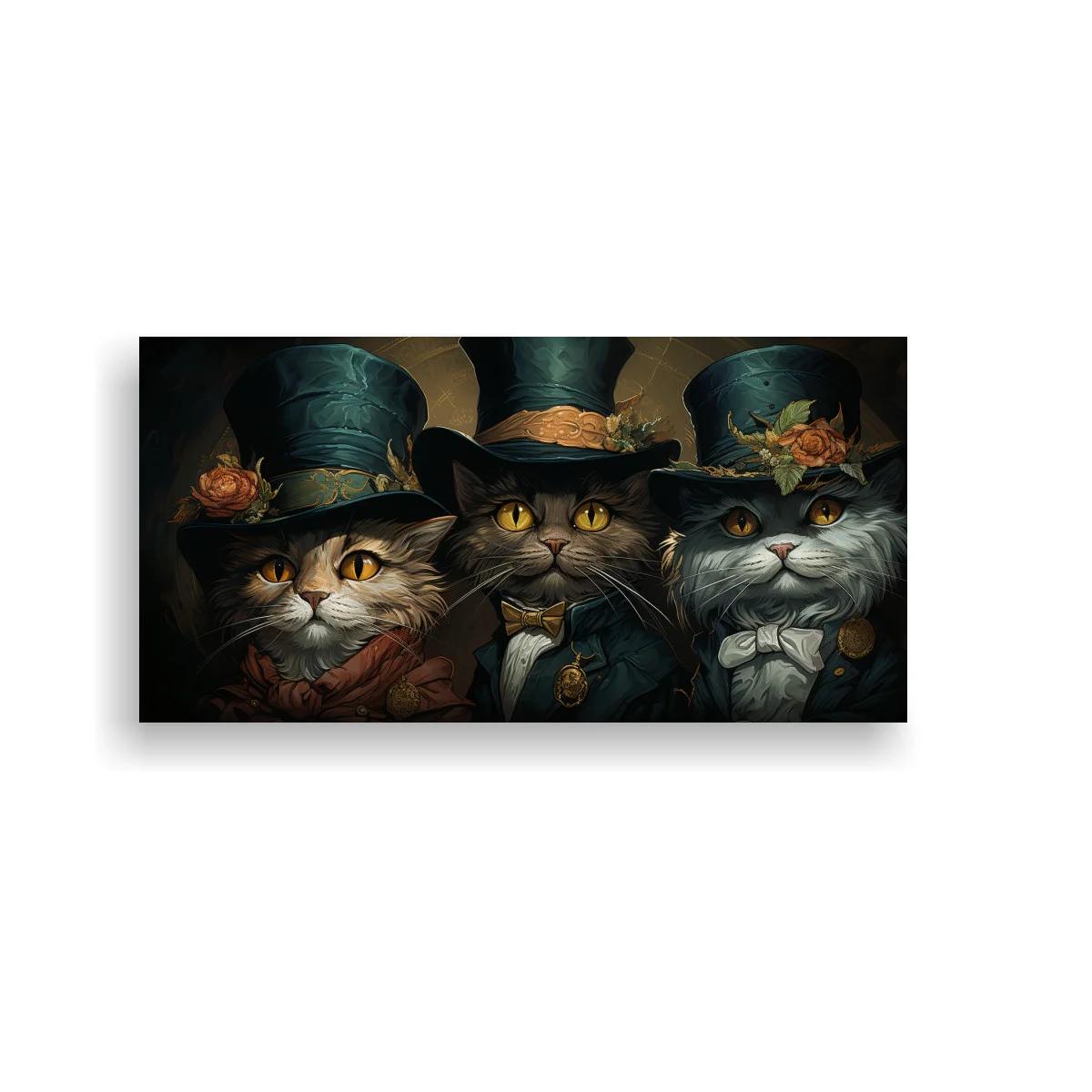 Cuadro tres gatos con sombrero de copa y medallón dorado