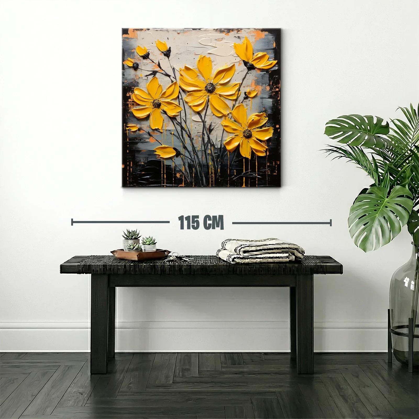 Cuadro moderno con flores amarillas vibrantes y fondo abstracto — miniatura 2