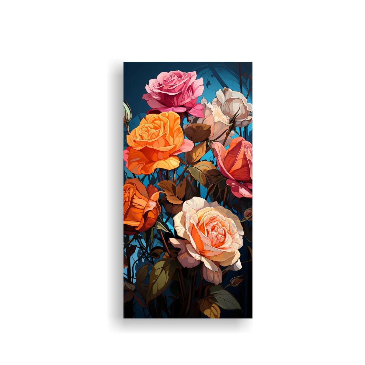 Cuadro de rosas abiertas en tonos coral y azul intenso