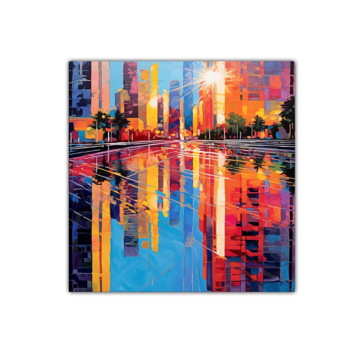 Cuadro colorido con reflejos urbanos al atardecer — imagen principal