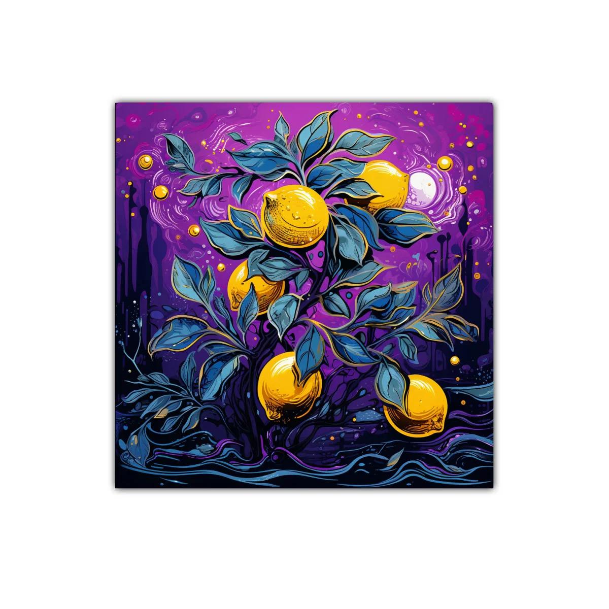 Cuadro decorativo con limones vibrantes sobre fondo púrpura — imagen principal