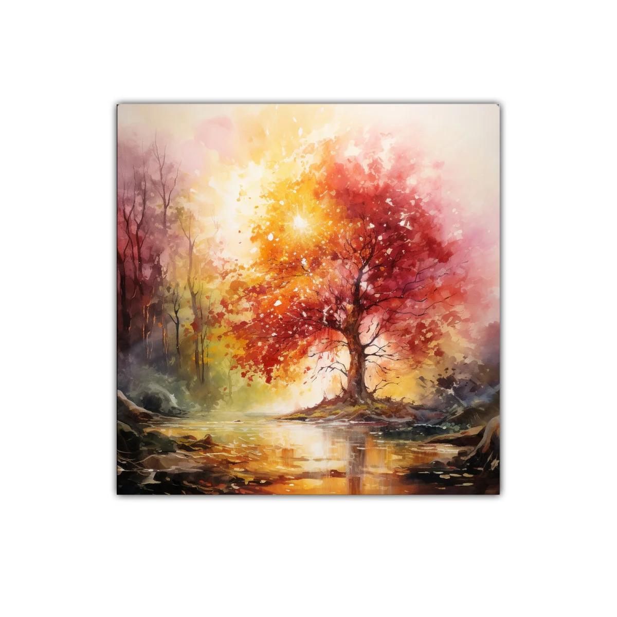 Atardecer en el bosque con árbol rojo y reflejos dorados — imagen principal