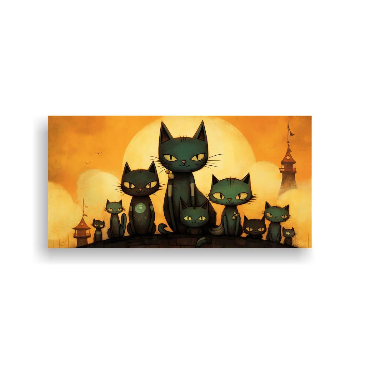 Cuadro grupo de gatos negros con ojos verdes y luna grande