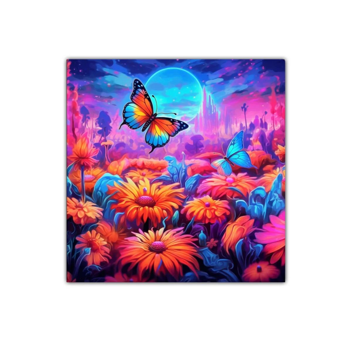 Colorido jardín de mariposas con luz de luna azul