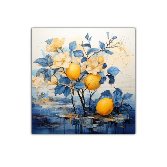 Cuadro decorativo con limones y flores en tonos azul y amarillo