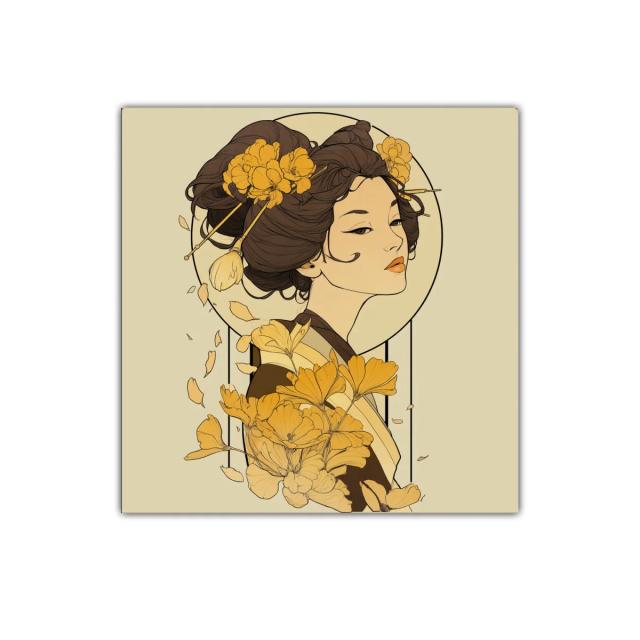 Retrato elegante con flores doradas y estilo oriental