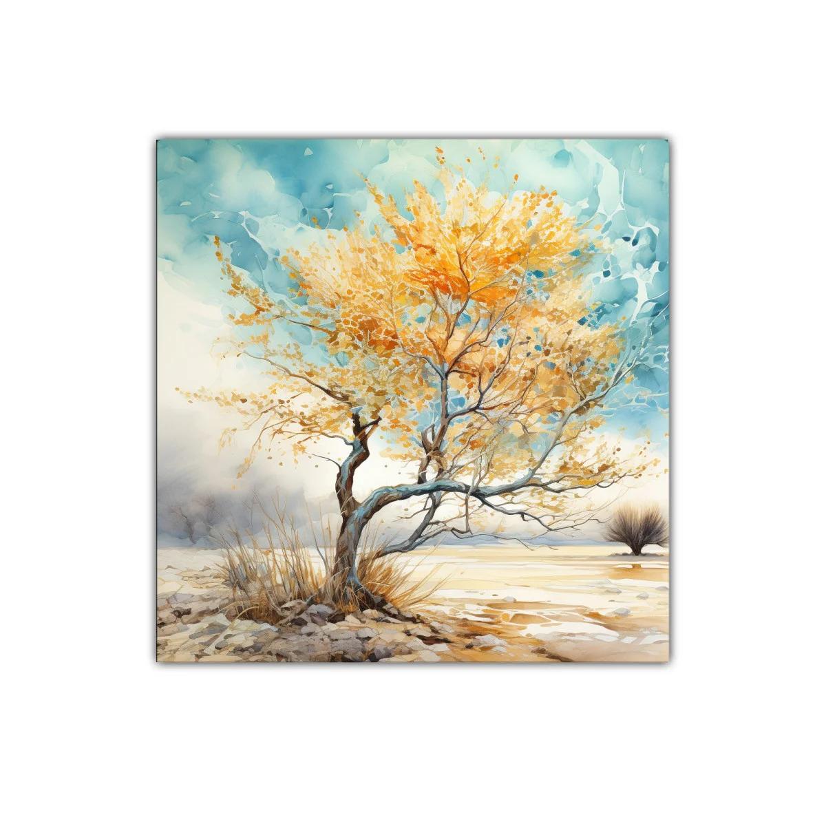 Árbol dorado en paisaje sereno con cielo azul
