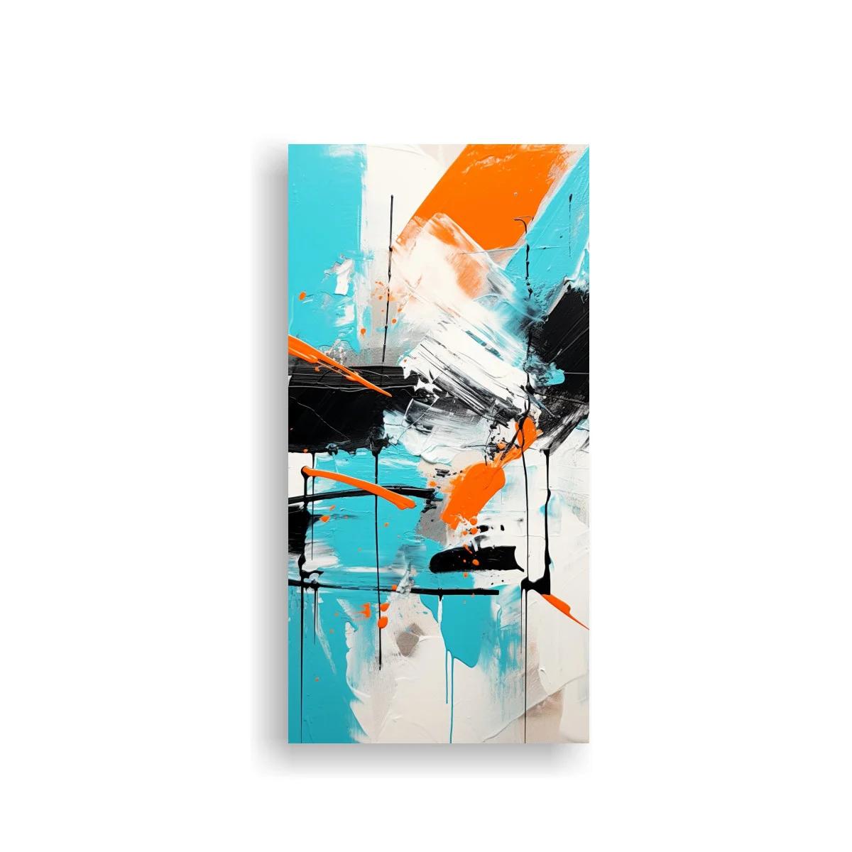 Cuadro abstracto gestual en turquesa naranja negro y blanco