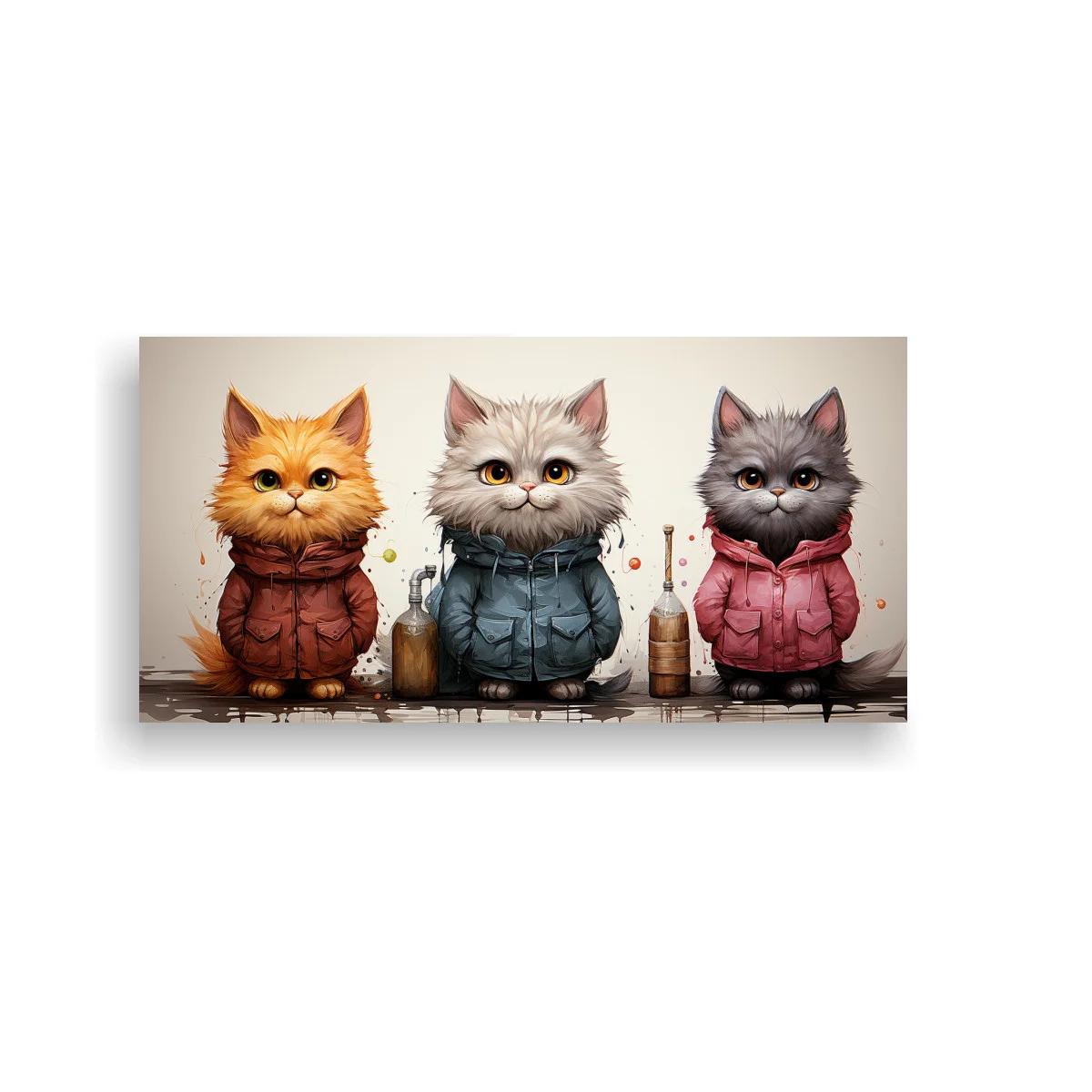 Cuadro tres gatitos con chaquetas acolchadas y botellas de vidrio