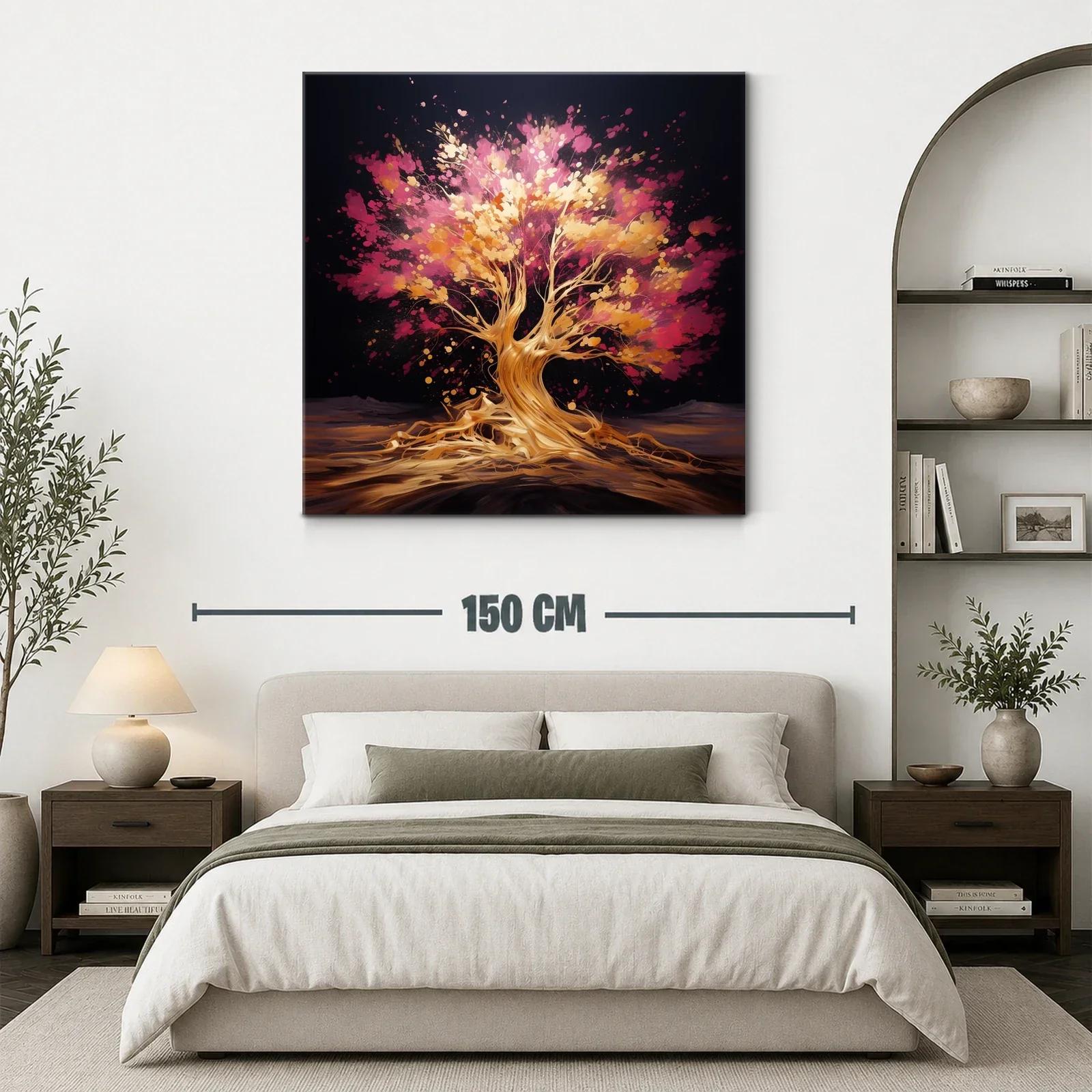 Árbol vibrante con tonos dorados y rosas en fondo oscuro — miniatura 3