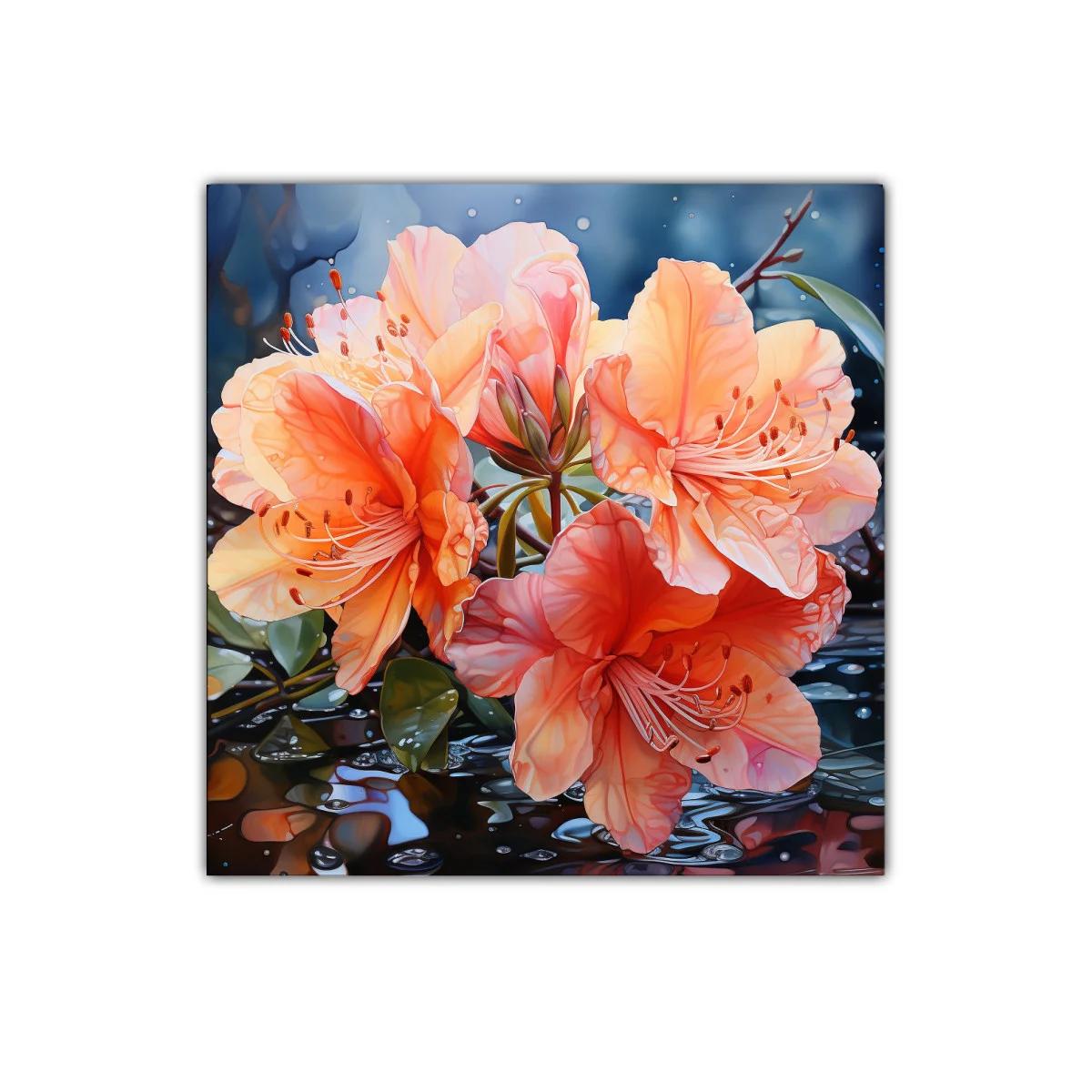 Cuadro vibrante con flores naranjas y reflejos acuáticos — imagen principal