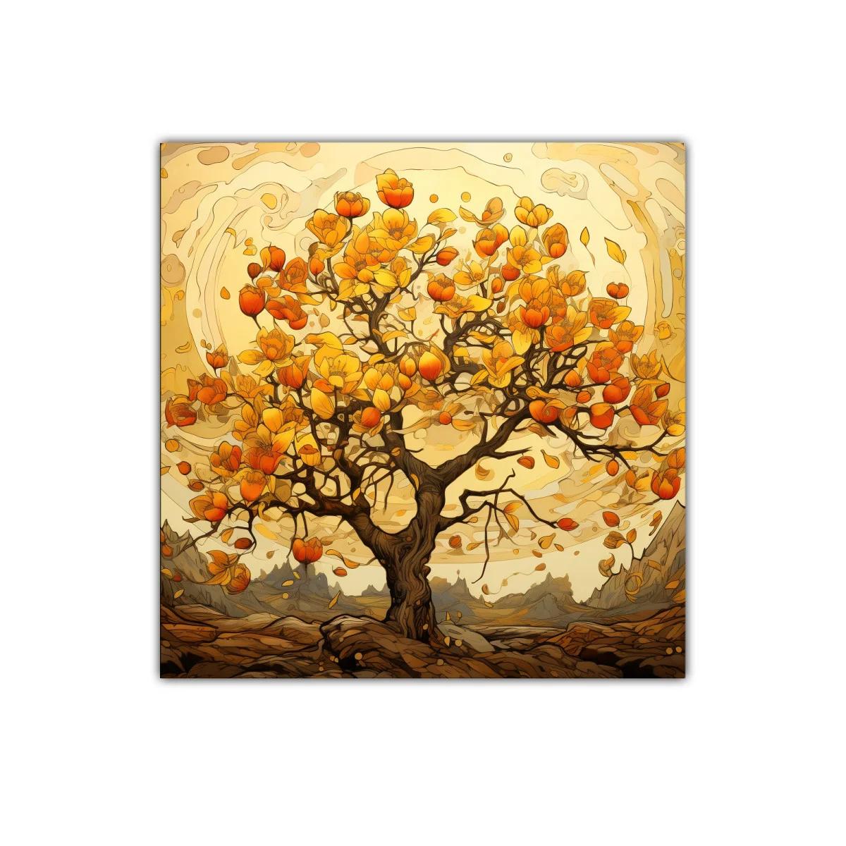 Cuadro decorativo árbol con flores en tonos cálidos y dorados