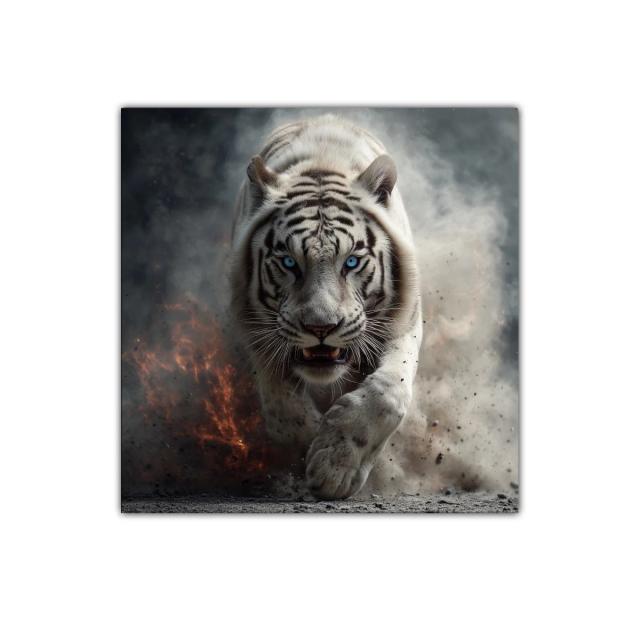 Impresionante tigre blanco en movimiento con mirada penetrante