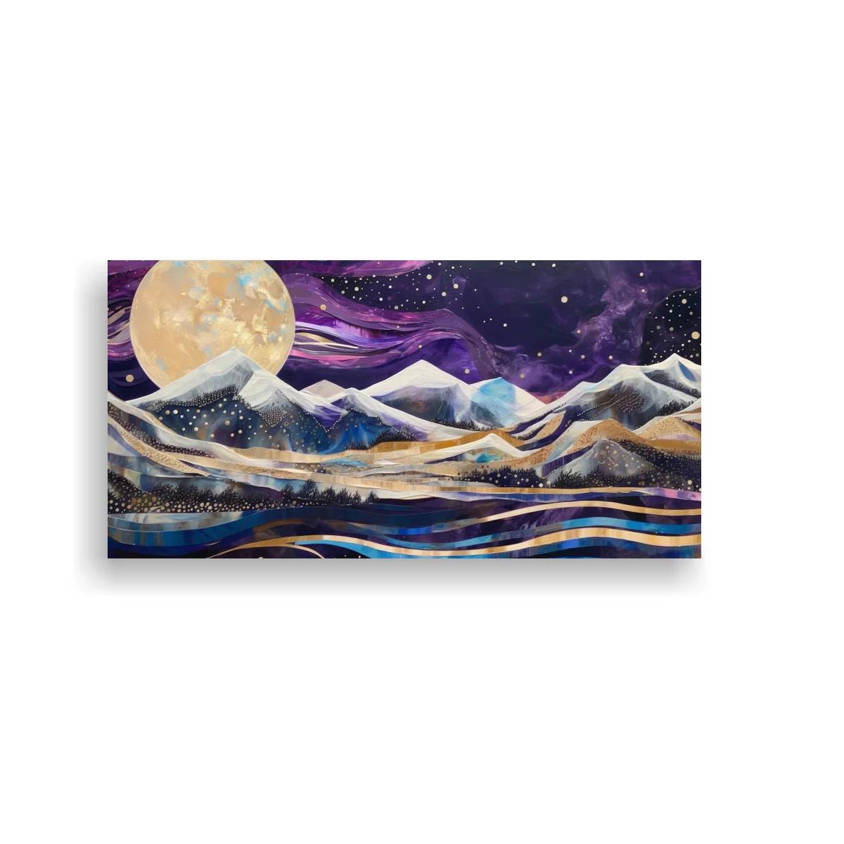 Cuadro paisaje de montañas nevadas con luna llena y velos morados